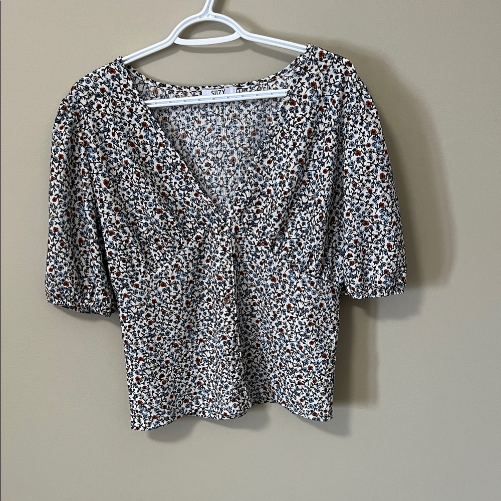 Floral V Neck Puffed Sleeve Top Cottagecore Milkmaid Size XL